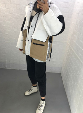 米蔻百家好冬季新款韩版休闲拼色连帽羽绒服女式外套HUDJ721A