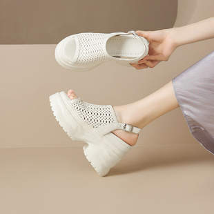 12cm内增高女鞋鱼嘴镂空透气坡跟凉鞋厚底坡跟时尚百搭小个子单鞋