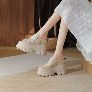 12cm内增高女鞋真皮鱼嘴透气时尚百搭厚底凉鞋小个子超高跟凉拖鞋