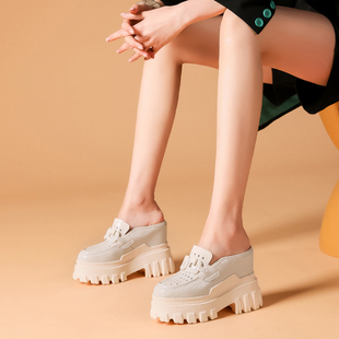 12cm内增高女鞋夏新款真皮镂空透气坡跟凉鞋松糕厚底时尚洞洞拖鞋