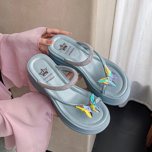 8cm内增高女鞋夏季新款外穿蝴蝶时尚坡跟凉鞋小个子轻便透气拖鞋