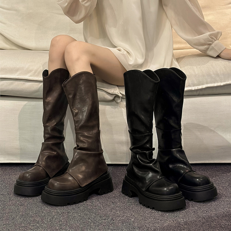 长筒靴子厚底高筒骑士靴永希复古