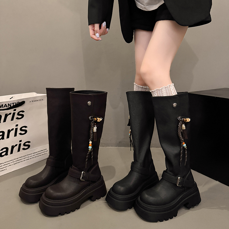 永希女靴增高棕色胖mm大筒围长靴