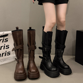美拉德棕色长筒靴女粗腿不过膝复古皮靴小个子厚底机车高筒骑士靴