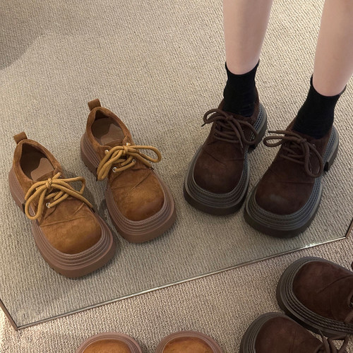 松糕永希棕色厚底乐福大头小皮鞋