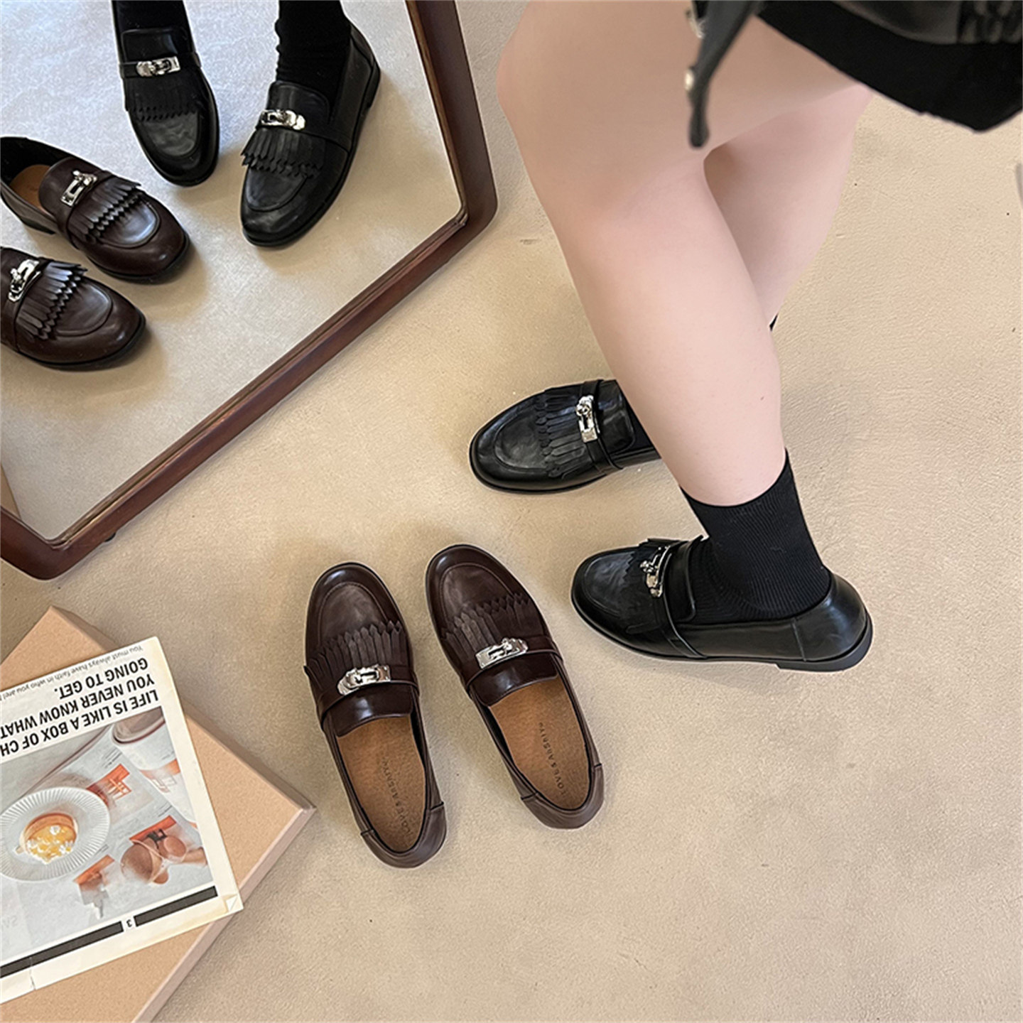 英伦风百搭乐福鞋女2026春季新款平底高级单鞋通勤气质黑色小皮鞋,女鞋,深口单鞋,淘宝优惠券,粉丝福利购,淘宝优惠卷
