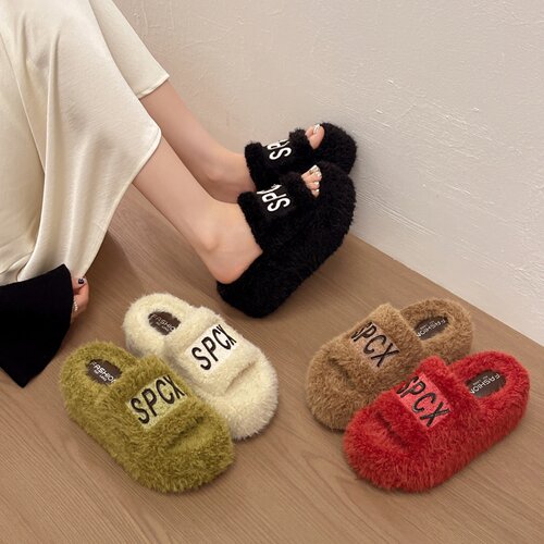 简约字母厚底露趾毛毛拖鞋2026秋