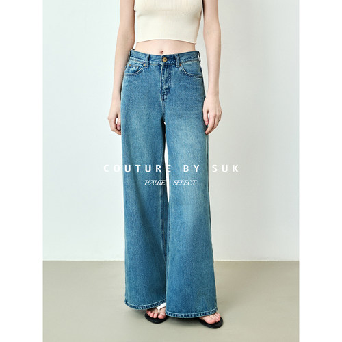 休闲风高腰直筒小阔腿牛仔裤