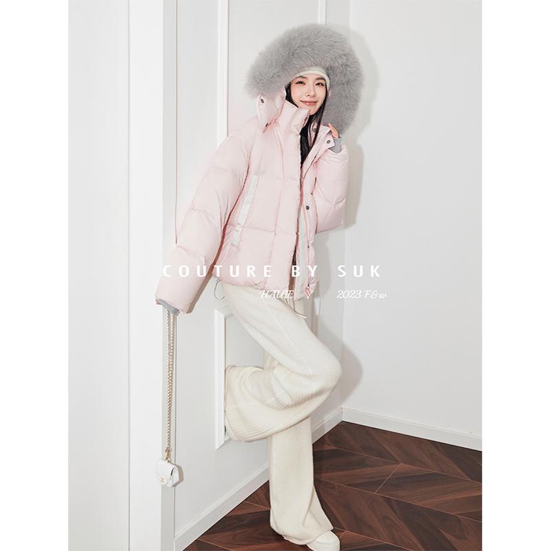 SUK 冬之精灵！2025冬季新款大毛领粉色短款羽绒服女加厚90白鹅绒