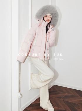SUK 冬之精灵！2025冬季新款大毛领粉色短款羽绒服女加厚90白鹅绒