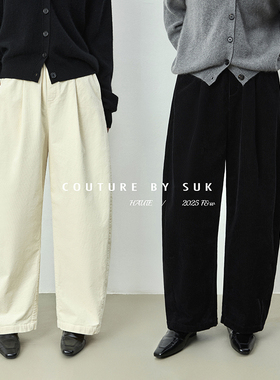 SUK 休闲随性！灯芯绒高腰廓形休闲裤女2025秋季新款百搭显瘦黑色