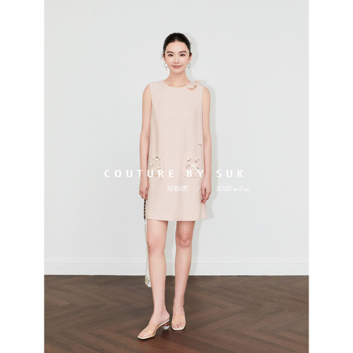 法式高级感圆领钉珠无袖连衣裙