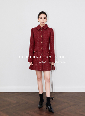 SUK 巴黎假日！小香风粗花呢翻领收腰A字红色节日氛围感连衣裙女