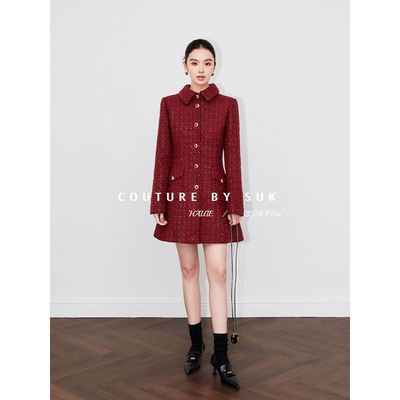 SUK 巴黎假日！小香风粗花呢翻领收腰A字红色节日氛围感连衣裙女