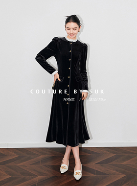 SUK 高贵气息！ 秋季新款丝绒黑色花边黑色长袖中长