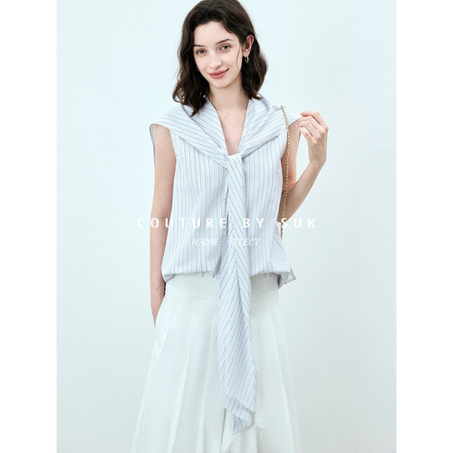 极简风白色海军领系带衬衫女