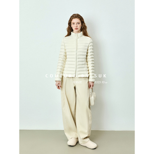 版 可脱卸连帽90白鹅绒绗缝收腰保暖修身 羽绒服女 百搭轻羽 SUK