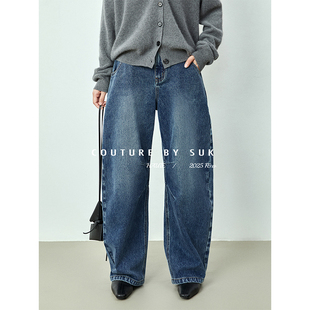 女新款 100%纯棉宽松显瘦百搭弯刀水洗休闲牛仔裤 弯刀牛仔 SUK