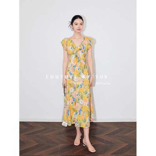 SUK 盛夏晴空！抽象派印花莱赛尔棉蝴蝶结装饰短袖长连衣裙