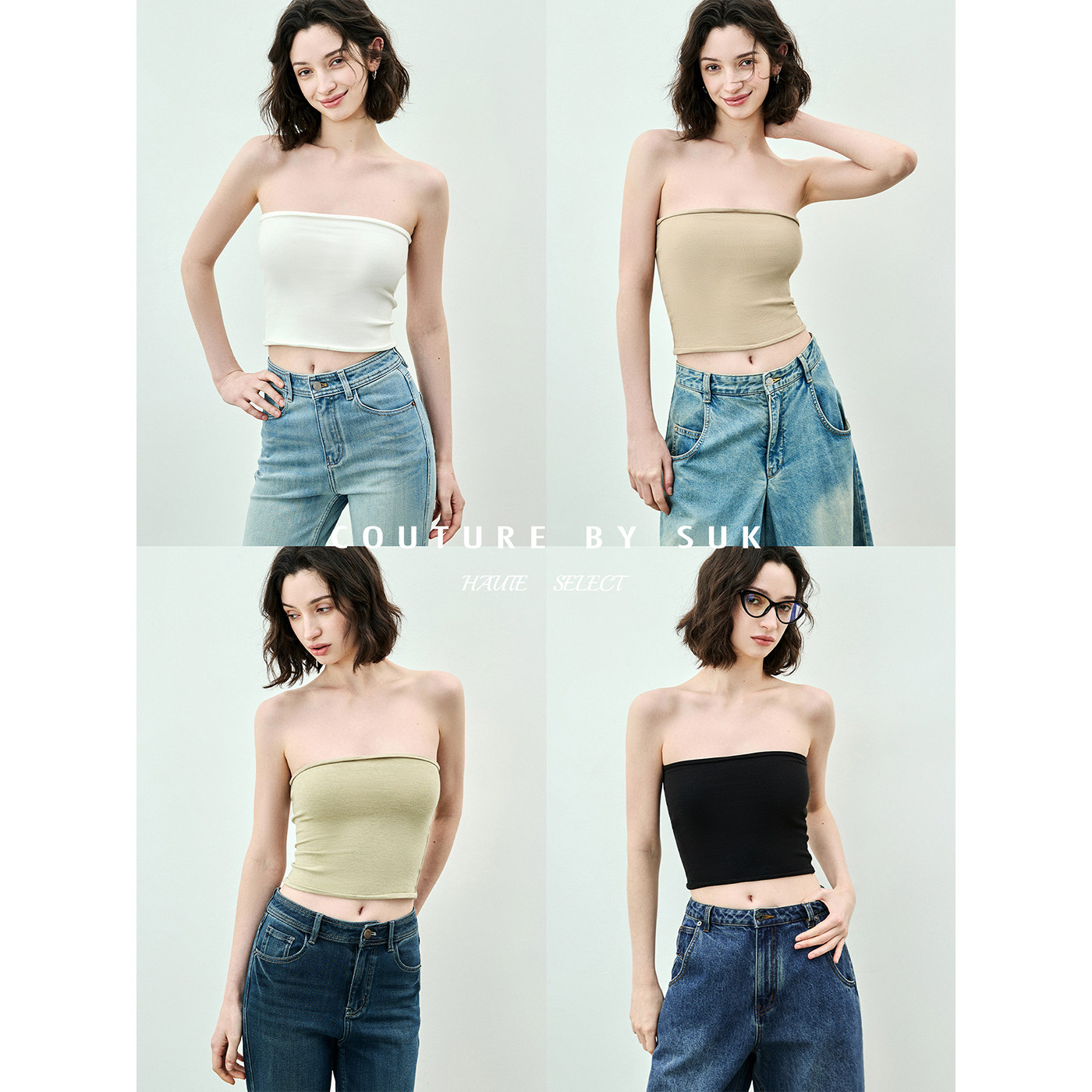 SUK 舒适私语！百搭修身蛋卷抹胸上衣女短款弹力收腰裹胸质感内搭