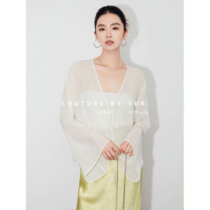SUK 琢璞归真！重磅真丝防晒罩衫外套宽松百搭V领系带设计