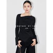 定制50支双面水柔棉不对称设计长袖 SUK 优雅如你 T恤女