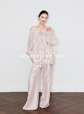 SUK繁花瀑影！重工烫钻一字肩荷叶边衬衫春夏新品法式凉爽上衣女