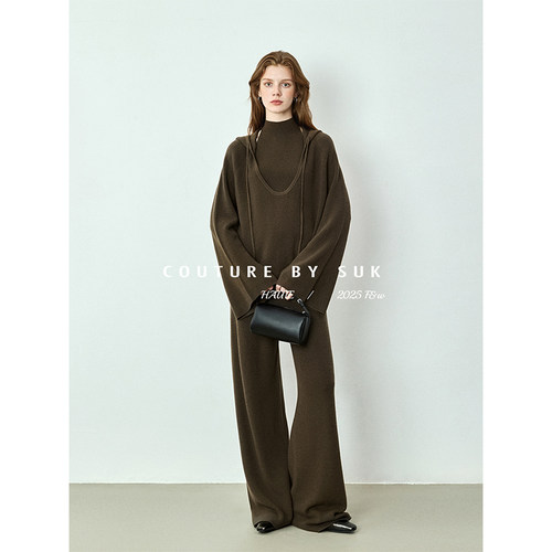 SUK 静影织风！可机洗100%羊毛套装女连帽休闲针织衫阔腿裤三件套