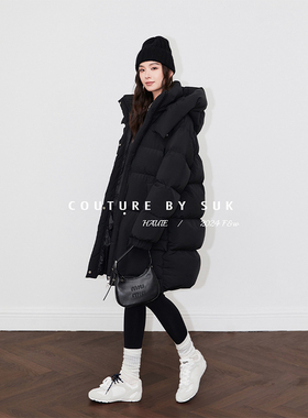 SUK 冬日守护神！2025冬季新款中长款连帽宽松90白鹅绒羽绒服女