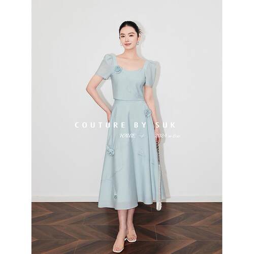 SUK  爱丽丝梦境！花朵设计感两件套高腰伞裙法式温柔风套装女