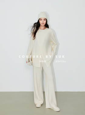 SUK 解构针织！秋冬设计感叠片门襟羊毛针织上衣阔腿裤时尚套装女