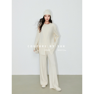 套装 SUK 时尚 秋冬设计感叠片门襟羊毛针织上衣阔腿裤 女 解构针织