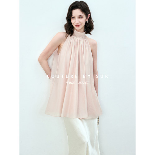 设计感挂脖露肩褶皱A字上衣女