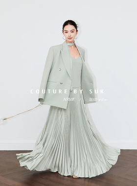 SUK 春日赞歌！气质通勤廓形西装V领吊带百褶群连衣裙时尚套装女