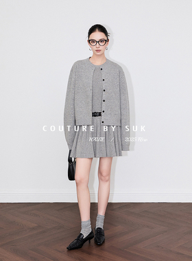 SUK 高智老钱！100%羊毛圆领背心针织衫百褶连衣裙宽松开衫套装女