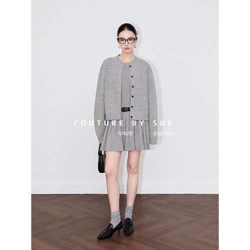 SUK 高智老钱！100%羊毛圆领背心针织衫百褶连衣裙宽松开衫套装女