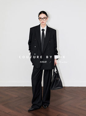 SUK 老钱风度！秋新款戗驳领双排扣西装外套高腰阔腿裤时尚套装女