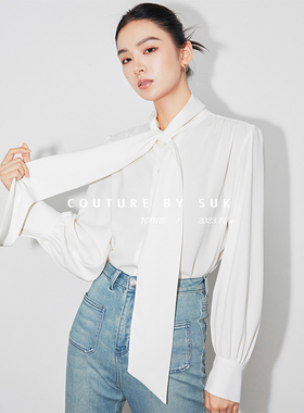 SUK 刻画优雅OL！日本缎麻蝴蝶结绑带垂感长袖衬衫