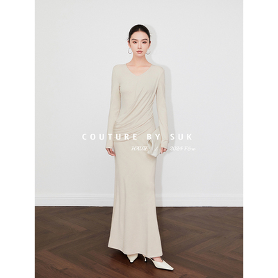 SUK 希腊风情！斜褶褶皱线条设计感长袖连衣裙女气质修身百搭长裙