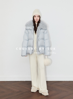 SUK 北海道初雪! 冬日氛围感狐狸毛大毛领拼接羽绒服90白鹅绒