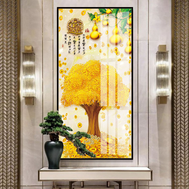 黄金满地发财大树装饰画现代中式长幅竖版晶瓷画复式楼梯玄关挂画图片