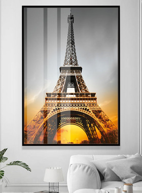 埃菲尔铁塔装饰画法国巴黎黄灰色风景晶瓷画样板房长方形竖版挂画
