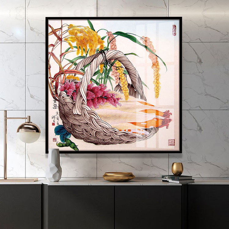 五谷丰登装饰画新中式正方形单幅晶瓷画家庭餐厅饭桌丰衣足食挂画图片