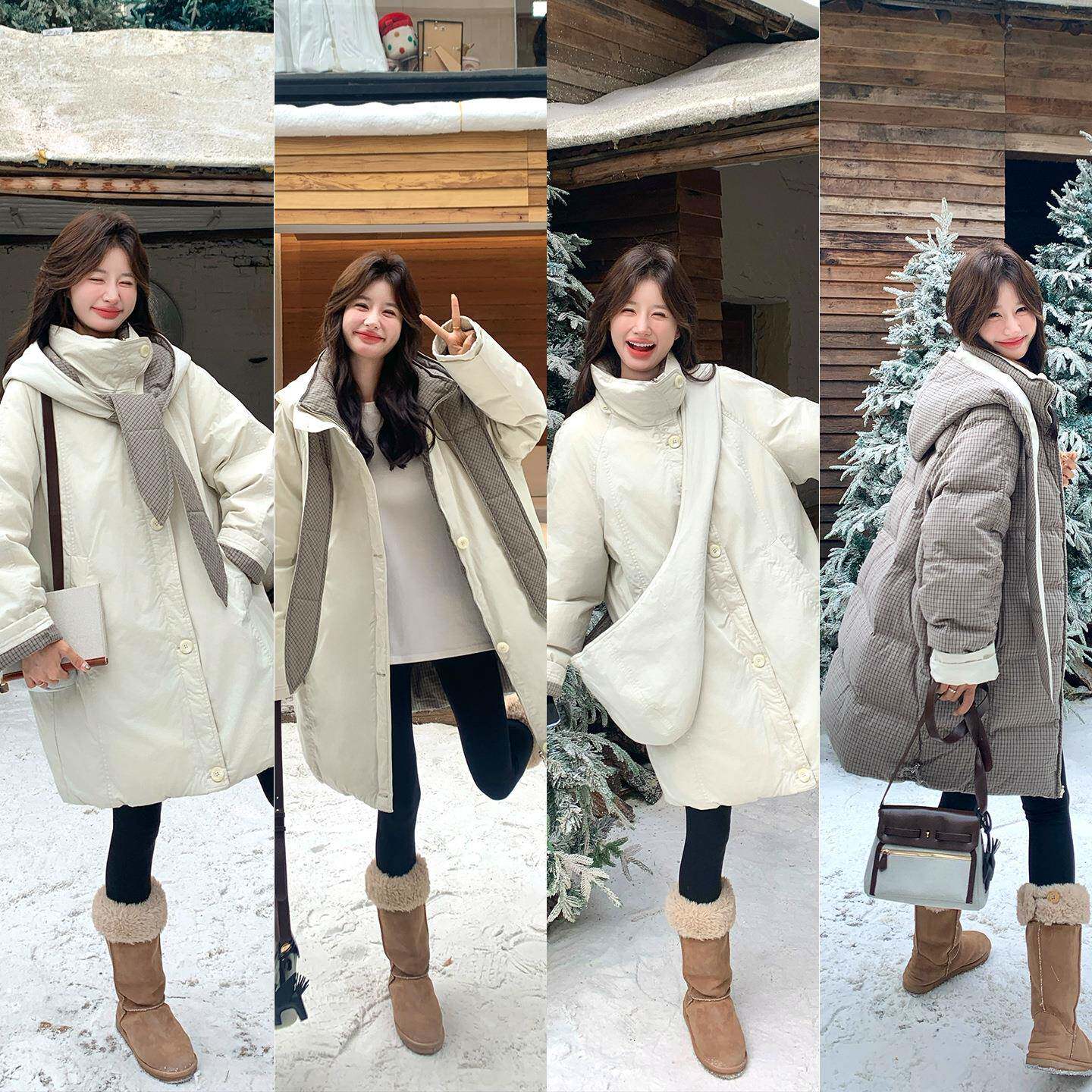 米白色装连羽绒服女中长款2025冬新款韩版宽松加季帽厚工90绒B220