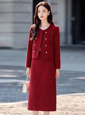 025秋Y冬时尚圆领小香风气质修外套身显瘦半身裙两件2套裙YB8950-