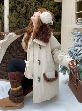 羊女羔毛拼接派牛角扣工5装克羽绒服冬季20C301-1392新款90白鸭绒