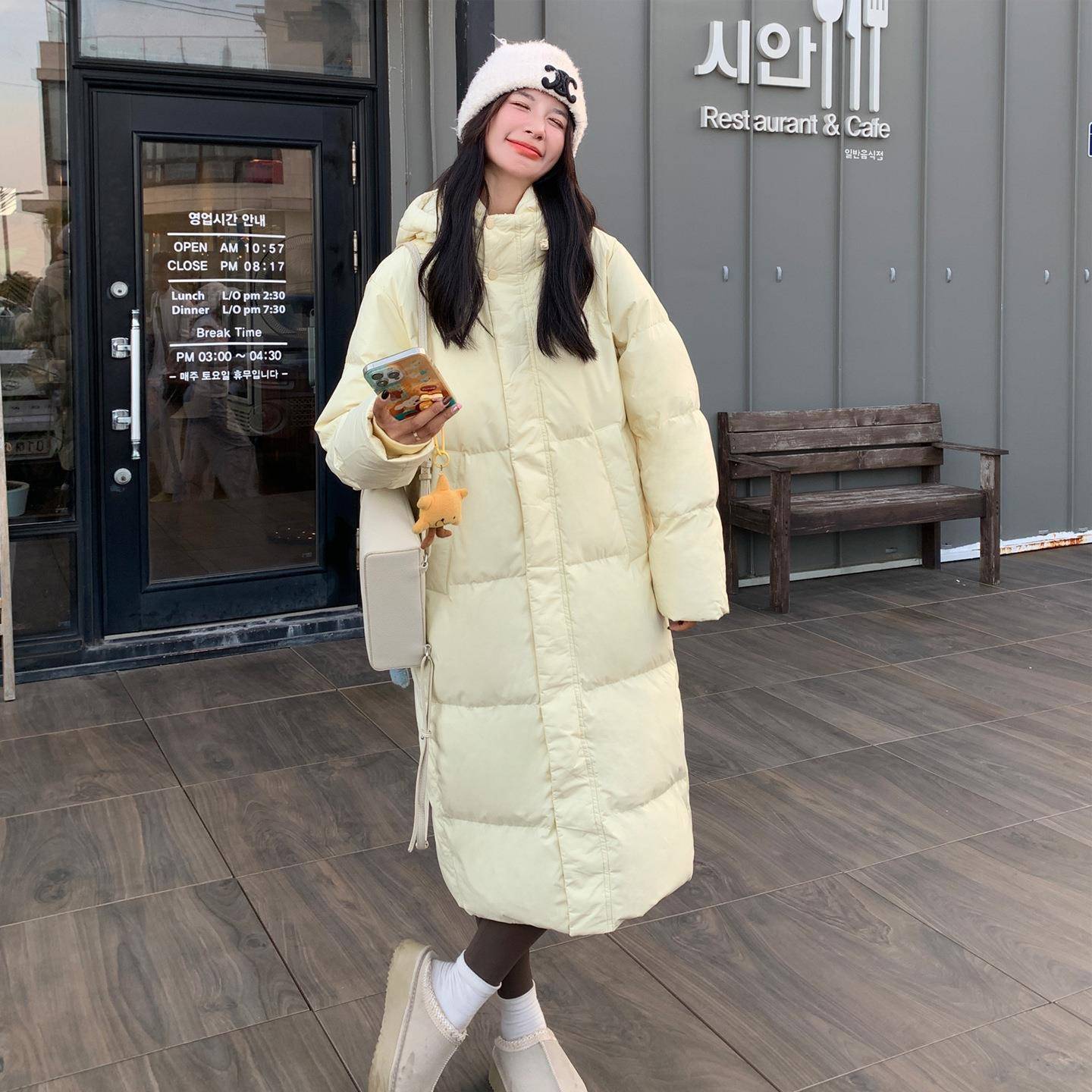 鹅b213A-25黄色连帽羽保绒服长款女025冬季新款韩系加宽松厚2暖面