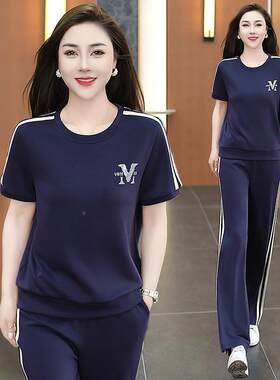 夏装网红袖宽松两件女年轻时尚短上衣裤两171-6622件套套女长潮