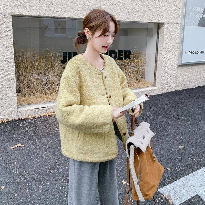 5黄色减龄短款羔毛外套女冬秋202C170-800新款韩系羊宽松气质百搭