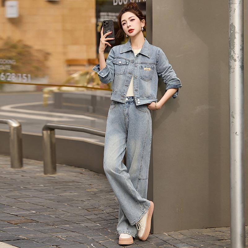 时尚休闲套装2025秋新款复古春做旧牛外套长X裤两件套XG9951-0 G9